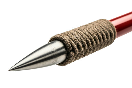 Pointed metal tip of a primitive spear bound by rough twine on a transparent background