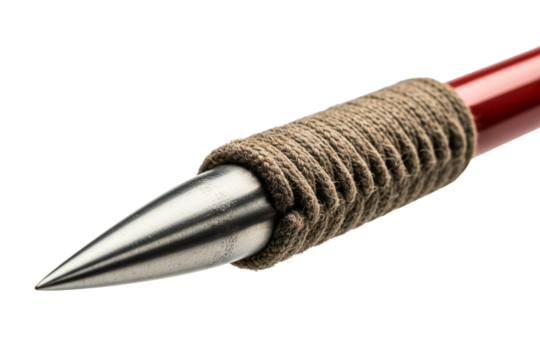 Pointed metal tip of a primitive spear bound by rough twine on a transparent background