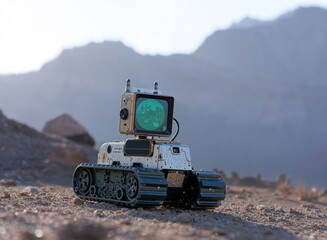 A robot rover navigates a rugged landscape, featuring a camera display on top that captures its surroundings against distant mountains under a clear sky. Generative AI.