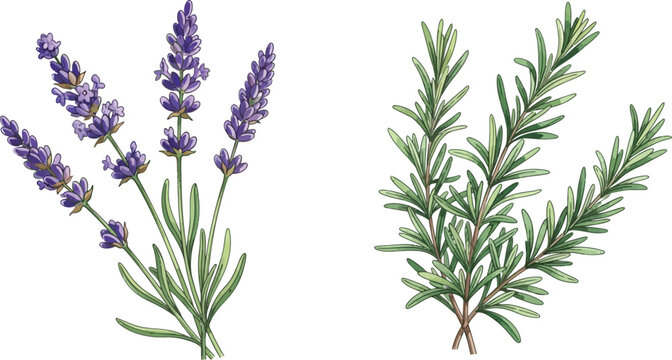 Illustration of lavender flowers and rosemary sprigs on a white background in watercolor style