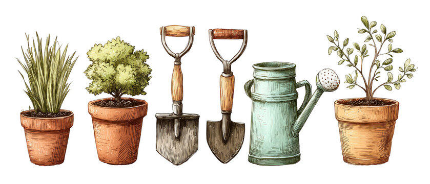 A vibrant illustration showcasing gardening tools and potted plants, set against a simple background, perfect for gardening enthusiasts and educational materials on plant care