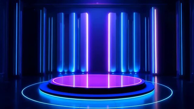Futuristic Neon Stage With A Circular Podium And Vertical Light Columns In Blue And Purple Tones Reflecting On A Dark Glossy Floor