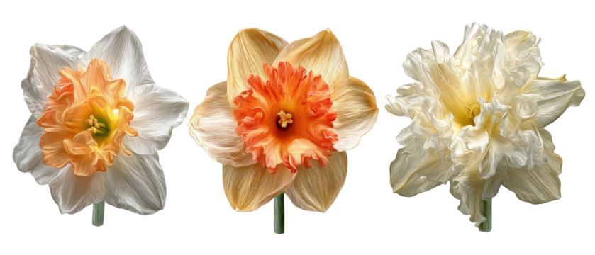 A vibrant display of three daffodil flowers in various shades, showcasing their unique petals and textures against a clean background, perfect for floral-themed designs or nature studies