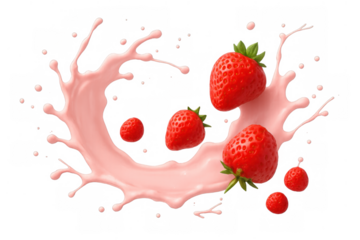Fresh ripe strawberries dropping into swirling pink liquid, symbolizing healthy dairy products, fruit flavors, and a sweet dessert. Transparent background