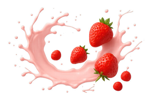 Fresh ripe strawberries dropping into swirling pink liquid, symbolizing healthy dairy products, fruit flavors, and a sweet dessert. Transparent background