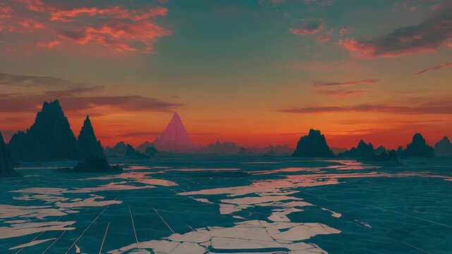Digital sun radiating energy across a futuristic alien landscape