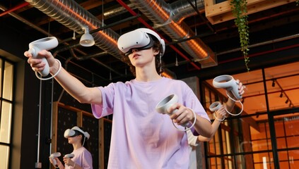 Young woman in a virtual reality headset holding controllers, immersed in a digital world with friends