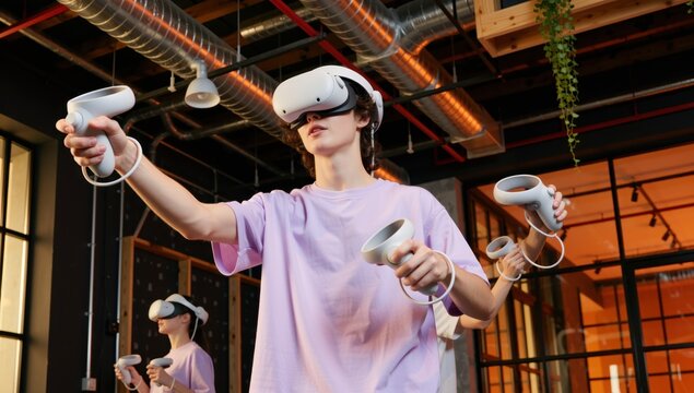 Young woman in a virtual reality headset holding controllers, immersed in a digital world with friends
