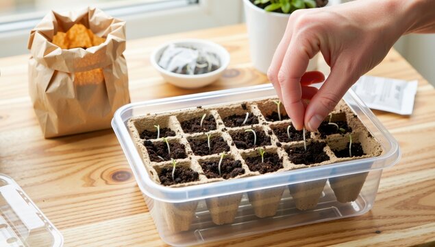 Hand planting seeds in seedling tray on wooden table with gardening supplies near window indoors