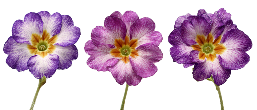 A vibrant close-up of three blooming flowers showcasing intricate petal patterns and colors, set against a neutral background, ideal for nature-themed projects or floral design