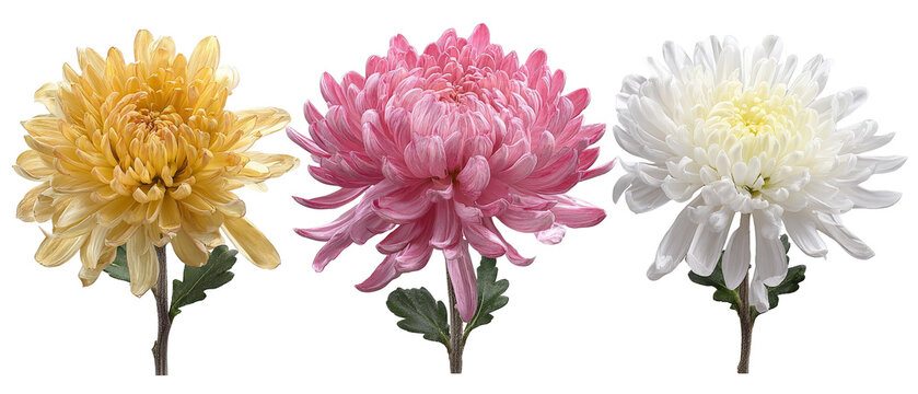 A vibrant arrangement of three chrysanthemums in yellow, pink, and white, showcasing their intricate petals and natural beauty against a clean background, ideal for floral design projects