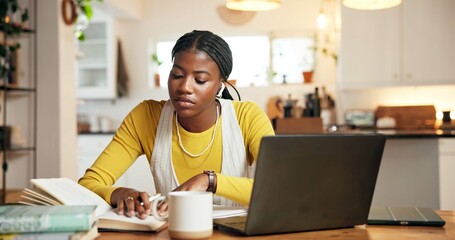 Black woman, student and books with earphones, home or research for online course with scholarship. African person, computer and elearning with notes, assessment or studying for virtual test at house