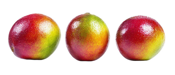 Three ripe mangoes arranged in a row, showcasing their vibrant colors and smooth textures against a plain background, ideal for culinary or health-related content