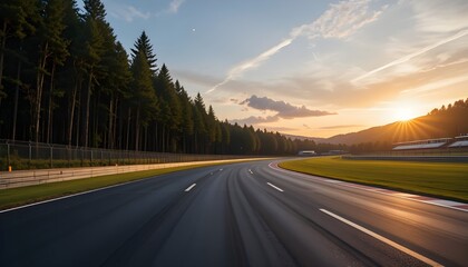 Empty Race Track with Green Woods – Scenic Sunset Landscape Background
