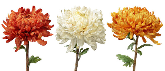 A vibrant arrangement of three distinct chrysanthemum flowers in red, white, and orange hues, showcasing their intricate petal structures against a clean background, ideal for floral design use