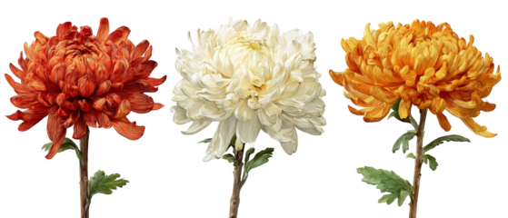 A vibrant arrangement of three distinct chrysanthemum flowers in red, white, and orange hues, showcasing their intricate petal structures against a clean background, ideal for floral design use