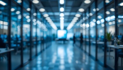 Abstract Blue Blurred Office Background – Modern Glass Interior with Bokeh Lights