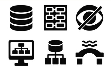 Data Abstraction Icons. Data Abstraction silhouette icon set: database layers, schema levels, data hiding, logical view, physical structure, abstraction bridge.