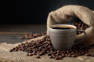 Aromatic Coffee Cup with Beans and Burlap Sack.
