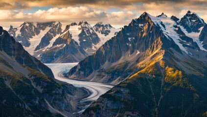Breathtaking view of snow covered mountain range with glacier under cloudy sky at sunset