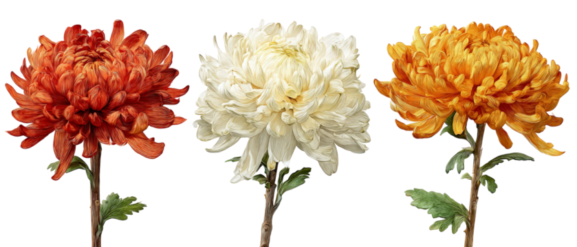 A vibrant arrangement of three distinct chrysanthemum flowers in red, white, and orange hues, showcasing their intricate petal structures against a clean background, ideal for floral design use