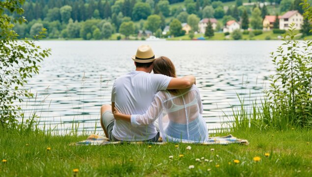 Couple in love sitting by the lake embracing each other enjoying the beautiful nature view