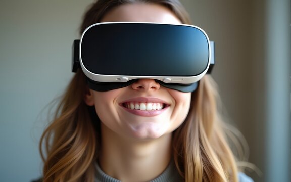Close up portrait of a beautiful young woman wearing virtual reality goggles. High quality
