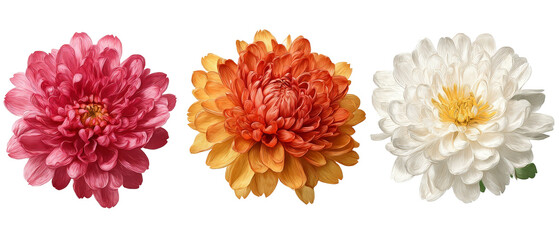 A vibrant display of three distinct chrysanthemum flowers in varying colors of pink, orange, and white, showcasing their intricate petals against a dark background