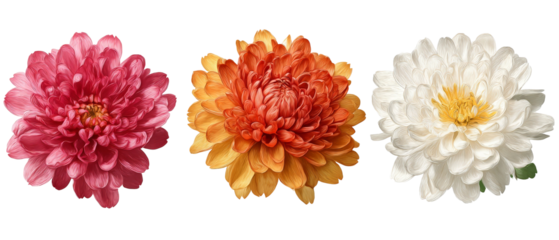 A vibrant display of three distinct chrysanthemum flowers in varying colors of pink, orange, and white, showcasing their intricate petals against a dark background
