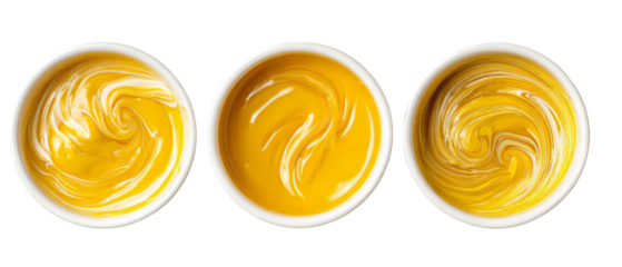 Three bowls of creamy yellow sauce with swirls of white, arranged in a row against a clean background, suggesting culinary use in cooking or food preparation