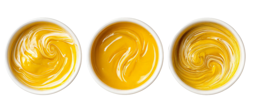 Three bowls of creamy yellow sauce with swirls of white, arranged in a row against a clean background, suggesting culinary use in cooking or food preparation