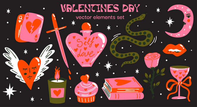 Valentines day, love themed vector sticker elements set. Collection of cute funky witchy aesthetic cartoon illustration of magical love potion, rose flowers, candle, cupcake, 14 february date