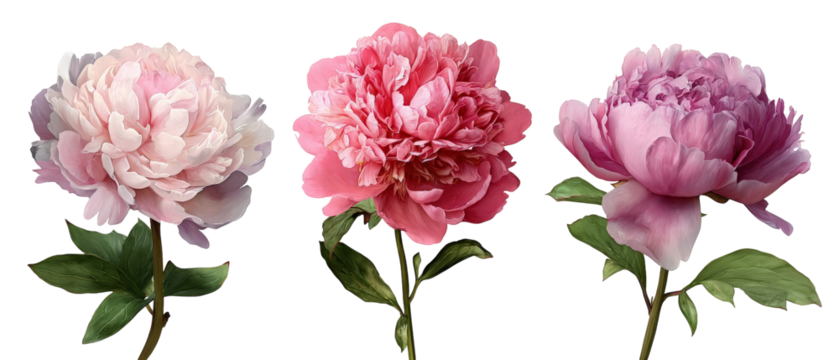 A vibrant arrangement of three peony flowers in shades of pink and white, showcasing their delicate petals and lush green leaves, set against a transparent background for versatile use