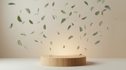 Wooden Product Podium with Falling Green Leaves and Natural Sunlight