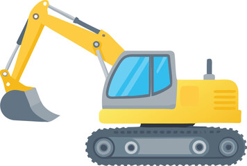 A cartoon illustration of a yellow excavator construction vehicle on a white
