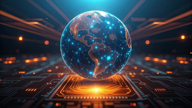 Glowing digital globe floats above circuit board symbolizing global connectivity and data sovereignty with vibrant blue network nodes and warm orange circuitry inspiring secure innovation technology - Powered by Adobe