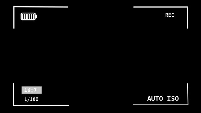 Video camera recorder screen overlay on a transparent background. Camera recording screen, viewfinder on black background.