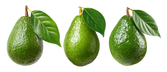 Three ripe avocados with vibrant green skin and fresh leaves, arranged closely together against a white background, ideal for culinary and health-related content