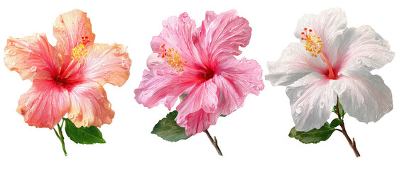 A vibrant trio of hibiscus flowers in shades of pink, white, and peach, showcasing their delicate petals and lush green leaves against a contrasting background, perfect for nature-themed projects