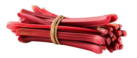 A vibrant bundle of freshly harvested rhubarb stalks tied with natural twine, showcasing their deep red color and green tips, perfect for culinary use in desserts and jams