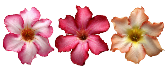 Three vibrant desert roses in varying shades of pink and cream, showcasing their intricate petals and delicate details against a neutral background, ideal for nature-themed projects