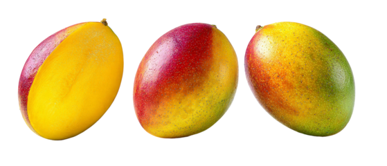 Three ripe mangoes of varying colors and sizes are arranged closely together, showcasing their smooth skin and vibrant hues, with a neutral background emphasizing their freshness