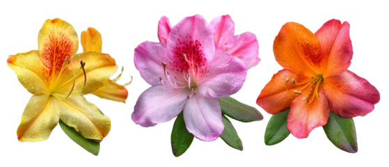 Vibrant display of three blooming azalea flowers in yellow, pink, and orange, showcasing their intricate petals and lush green leaves against a soft background, ideal for floral-themed projects