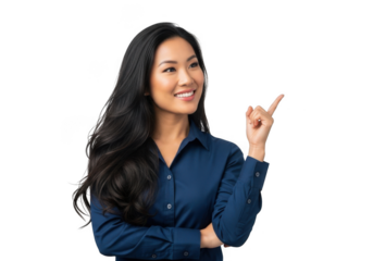 Smiling asian woman in a blue shirt pointing to the side