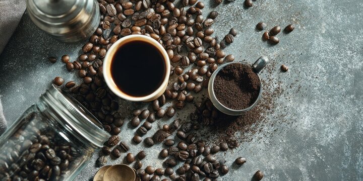 Aromatic coffee beans and freshly brewed coffee in cups.