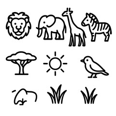 Naklejka premium Savanna Wildlife Icons. Savanna Wildlife Icons linear icon set: lion, elephant, giraffe, zebra, tree, sun, grass, bird.