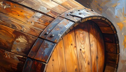 A partial view showing a close-up of a weathered wooden cask. The warm, inviting textures create a rustic, vintage aesthetic