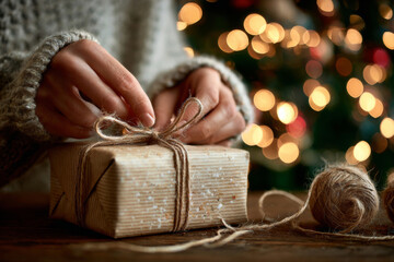 Close-up of hands tying bow on gift wrapped in paper with string and festive lights in background. Woman preparing handmade present for winter holidays
