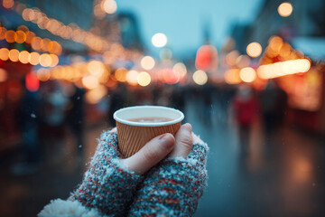 Close-up of hands holding paper cup with hot drink on snowy street with blurred festive lights at outdoor Christmas market
