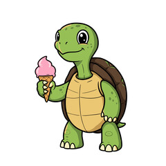 Smiling green cartoon turtle holding a pink soft-serve ice cream cone. Isolated vector illustration.